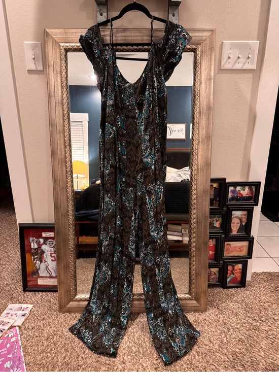 Cato Pants - Cato Teal & Black Paisley V-Neck Wide-Leg Jumpsuit